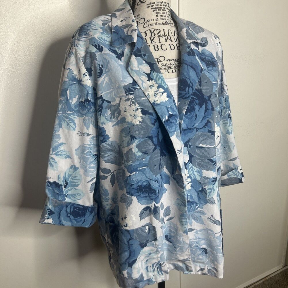 VTG 70s 80s Teddi of California Cottagecore Blue Rose Print Blazer Large Coastal